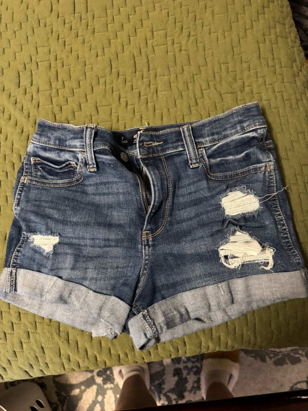 Hollister Women's Mid-Blue Distressed High-Waist Denim Shorts